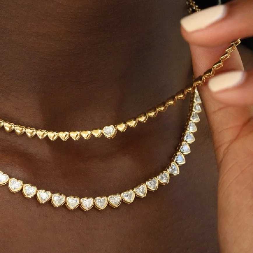 Valentines Day Gift For Lover Gold Color Classic Heart Charm Beaded Tennis Chain Women NecklaceXJ251121