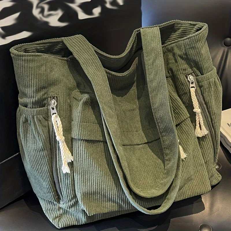 Corduroy Tote Bag with Multiple Pockets Casual Chic Handbag Women Shoulder Bags for Woman Perfect for Shopping Commuting TravelT251121