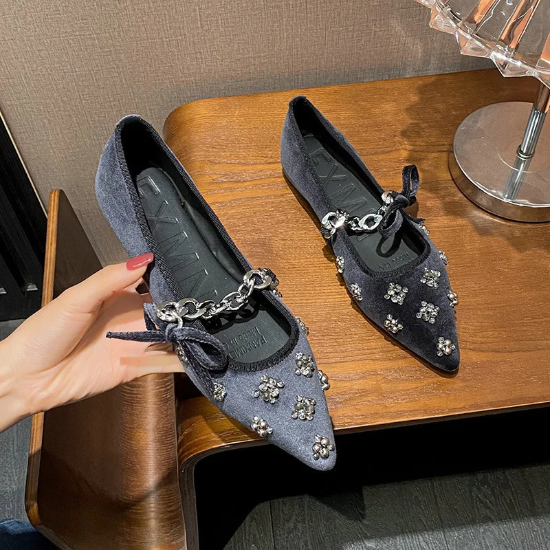 Flat Shoes Women French Mary Jane Pointed Toe Chain Diamond Bottom Spring Black Ladies 251121