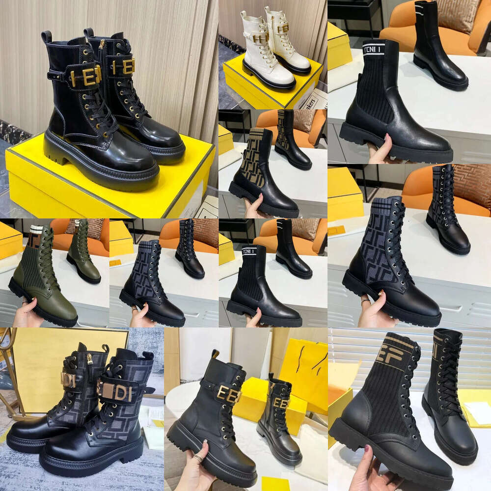 TOP Luxury Designe women boots Strap zip Mid-Calf boots Black Leather Lace Up Round Head Letter Thick Heel Knight Boots Martin booties women shoes Chelsea womans