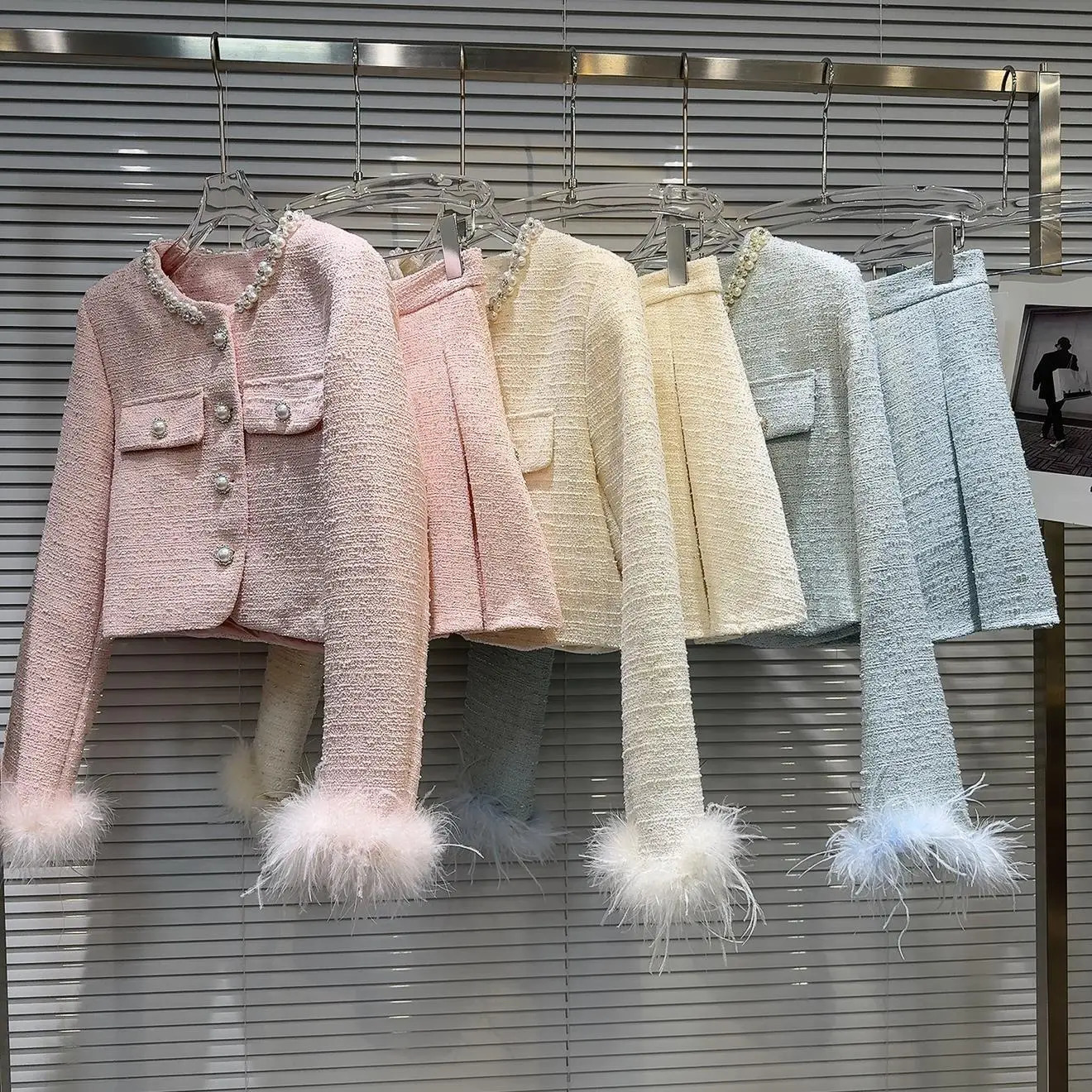 Winter Elegant Womens Arrival Pearls Buttons Feathers Sleeve Cuff Tweed Jacket Short Pleated Skirt 2Piece Set Outfits 251114