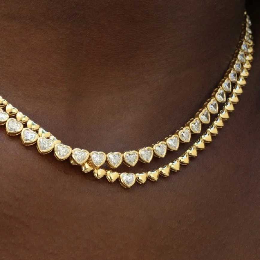 Valentines Day Gift For Lover Gold Color Classic Heart Charm Beaded Tennis Chain Women NecklaceXJ251121