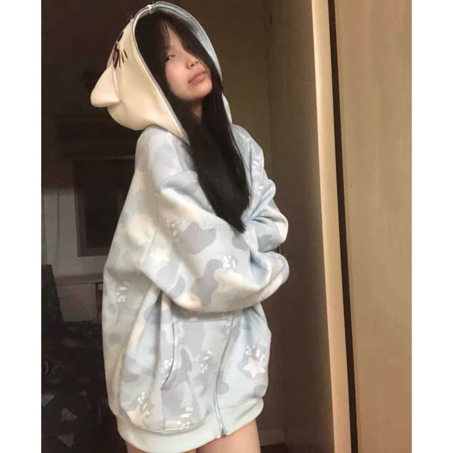 Sanrio Imitation Cotton Milk Silk Autumn Winter College Style Cardigan Zipper Hooded Sweatshirt Women Long Sleeve Loose Coat H251121