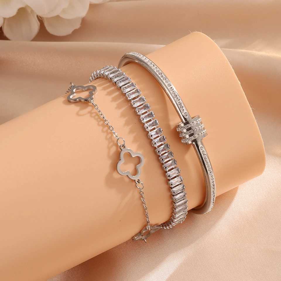 ZAKOL 3pcs Stacked Bracelet Set for Women Vintage StainlESS Steel Zircon Inlay Lucky Bangle Gift for WomenW251121