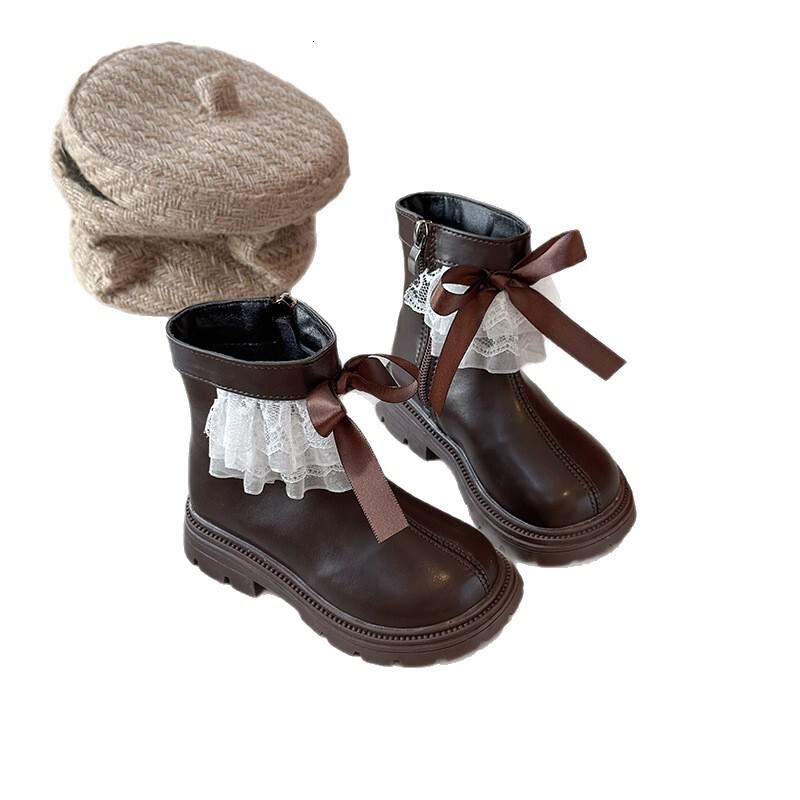 Winter luminous shoes, new lace hanging edge fashionable trendy shoes, butterfly bow wool short boots, casual children's shoes