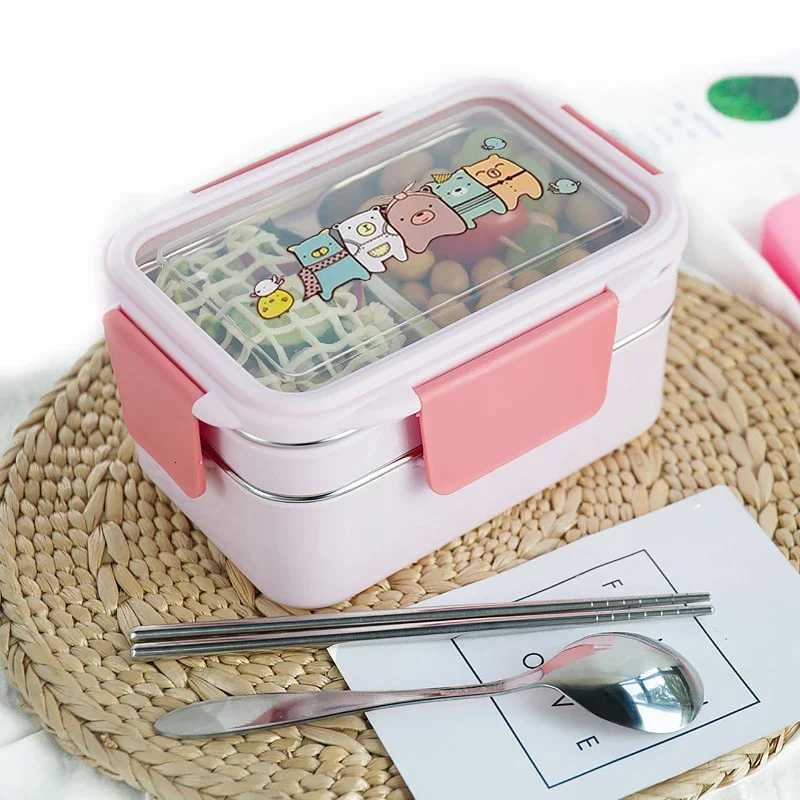 Cartoon Lunch Box Stainless Steel Double Layer Food Container Portable for Kids Picnic School Bento BoxM251121