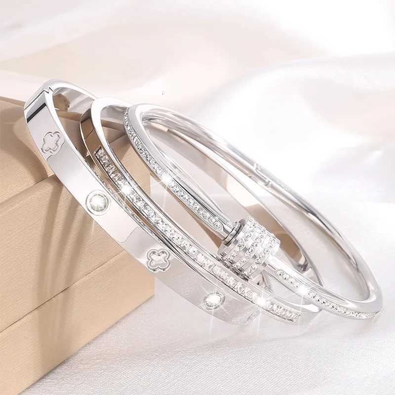 3pcs Gypsophila Diamond-Encrusted Stainless Steel Simple And Versatile Bracelet For Daily MatchingW251121