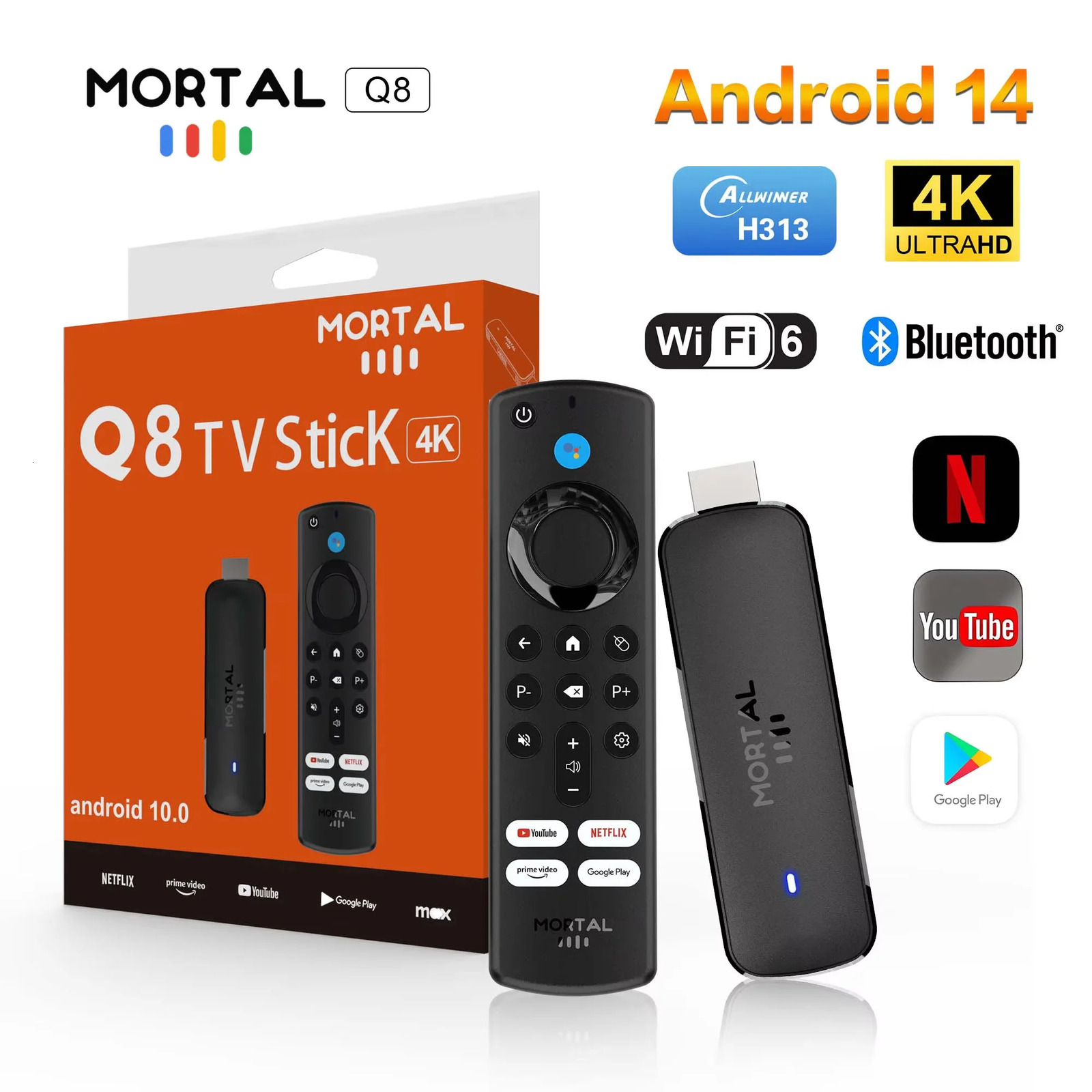 Mortal Android 14 TV Stick Full HD 4K 1080P WiFi 6 Google Voice NETFLIX Q8 BT5 24Fps Wireless Video Decode Media Player 251114