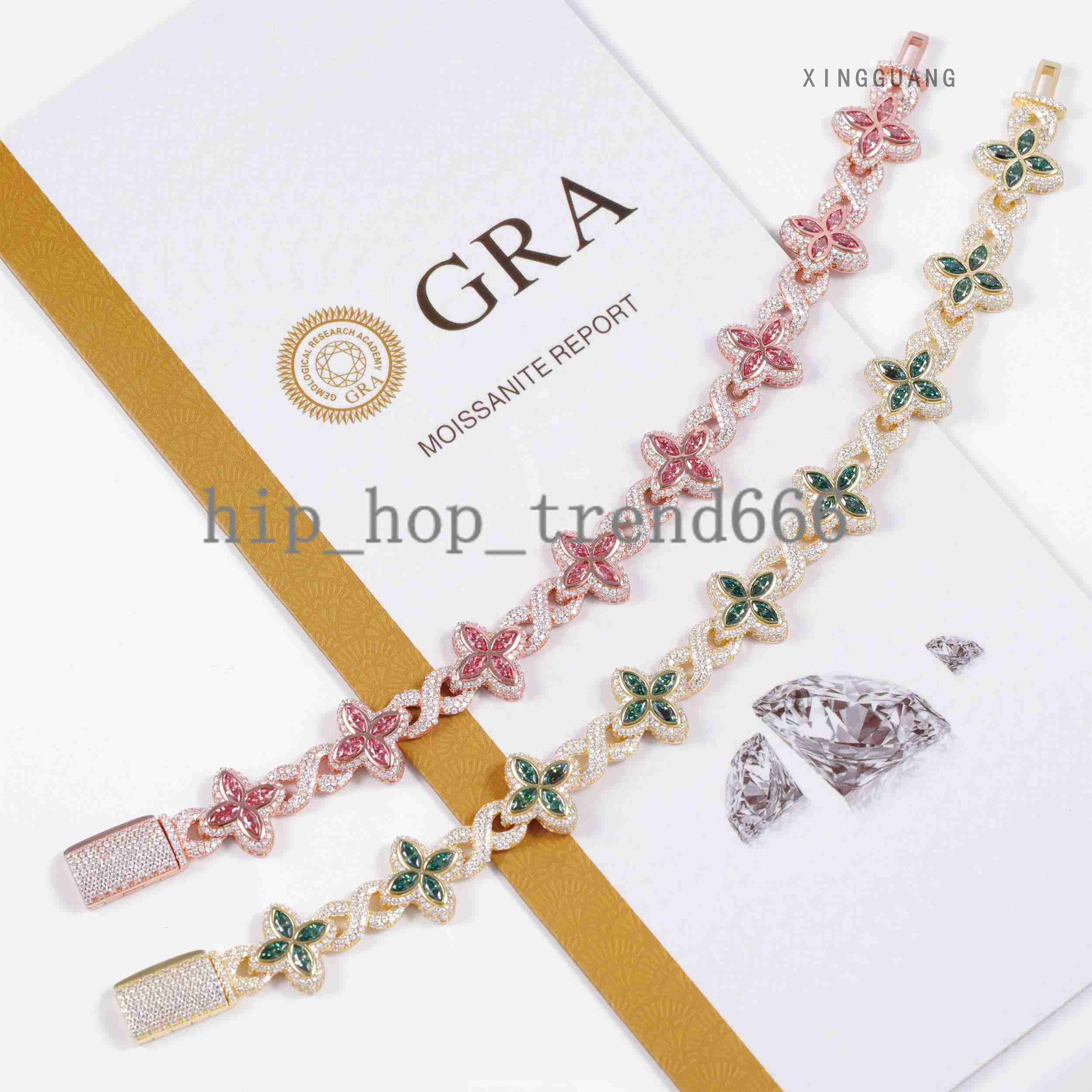 Hot Sale Women Fine pink Green Diamonds Moissanite Clover Charms Infinity Cuban Links Bracelet 925 Silver Cuban Chain Jewelry