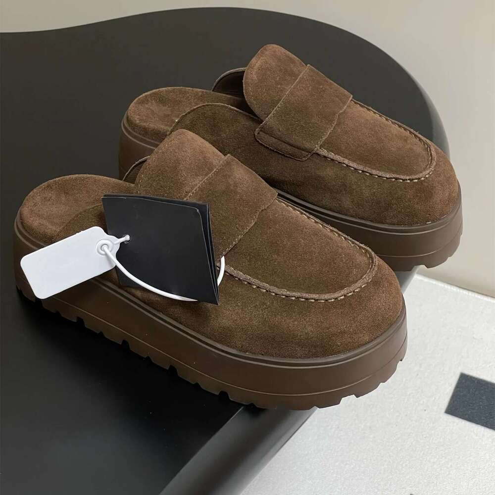 Shoes Women Size35-41 Natural Cow Suede Mules Flat Platform Genuine Leather Slippers Round Toe Designer Shoe atillas De Mujer