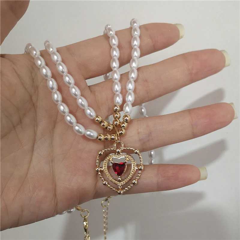Kpop Vintage Baroque Red Crystal Heart Pendant Pearl Chain Necklace For Women Jewelry Wedding Christmas Gift Y2K AccessoriesXJ251121