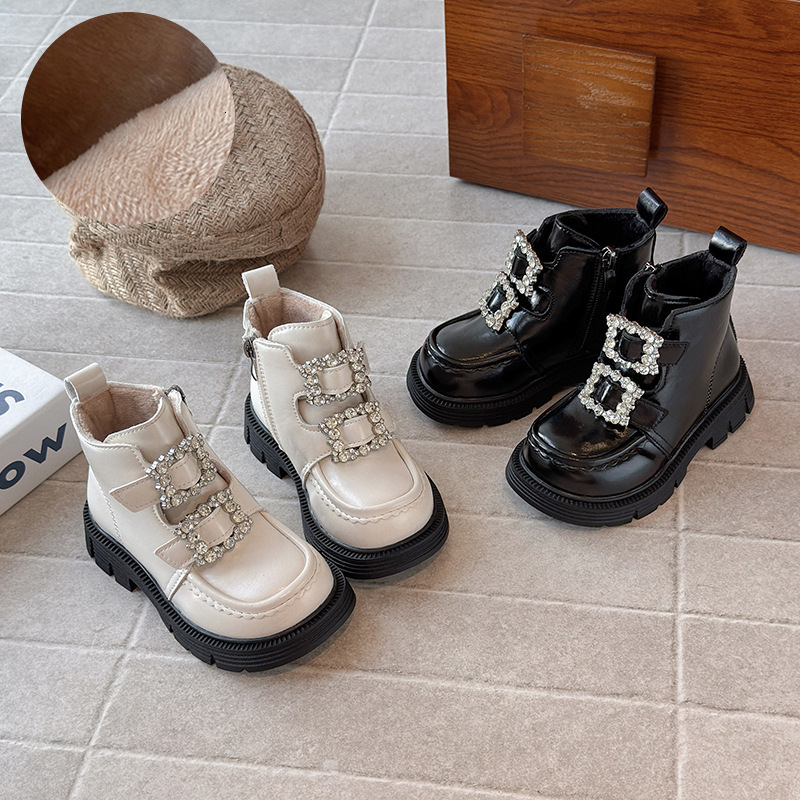 Winter luminous shoes, Rheinstone new styles, fashionable trendy shoes, short boots, thick soled wool lined leather boots, casual children's shoe