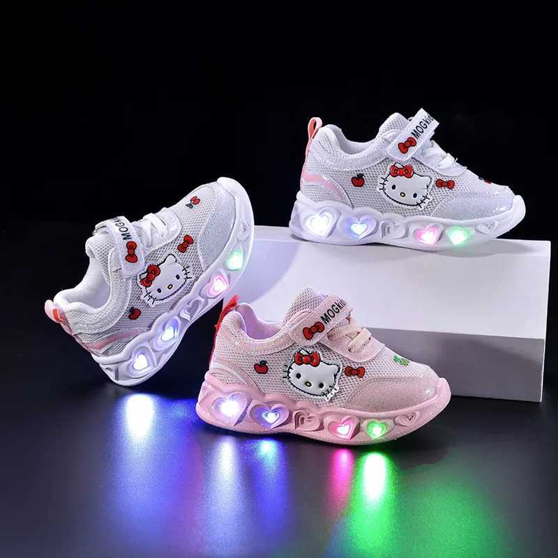 KidsCasual Shoes Girls Led Light Cartoon PU Leather Fashion Sport Flat Bottom Shoes Breathable White Pink Size 21-30W251121