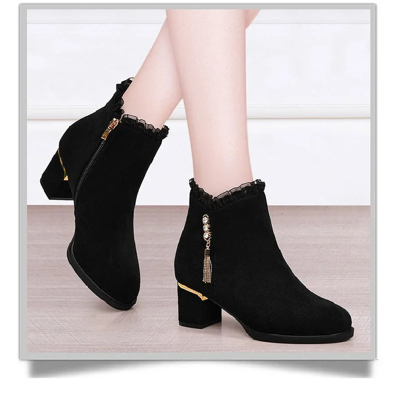British Style Winter Boots Women Round Toe Tassel Furry Lined Mid Heel Ankle Diamond Decor Zip Side 251121