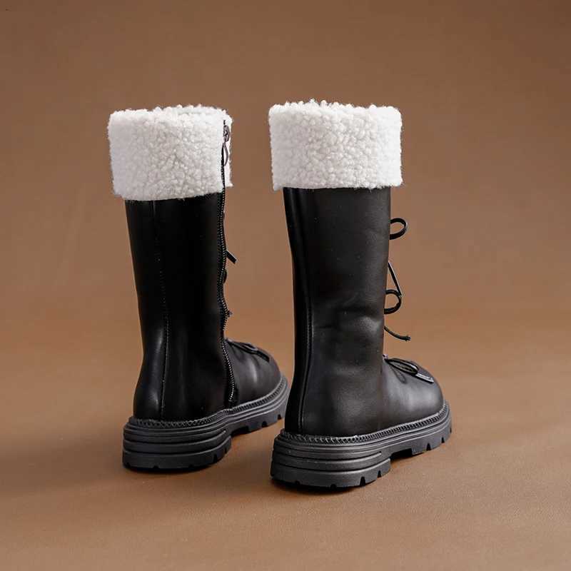 Girls Padded Fashion Long Boots 3-18 Years Old Beige Thickened Warm Childrens Leather Boots Black Fur Kids High Boots ShoesW251121