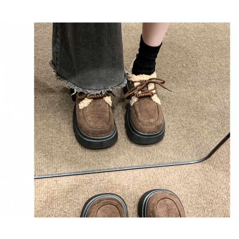 Winter Plush Lined Loafers Womens Retro Chunky Platform Fluffy Leather Shoes Comfortable Warm 251121