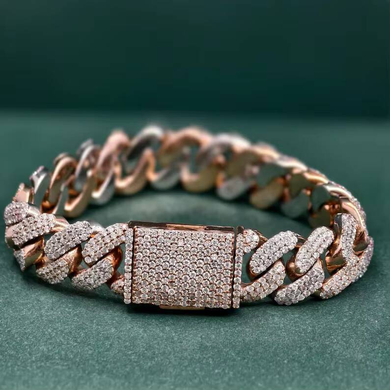 Hip Hop Jewelry 15mm Rose Gold Cuban Link Bracelet with Moissanite Stone 925 Sterling Silver Miami Cuban Link Bracelet for Men