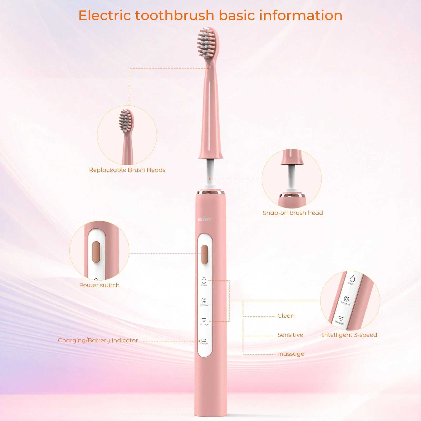 SEJOY Electric Sonic Toothbrush USB Charge Rechargeable Waterproof Electronic Tooth Brushes 7pcs Replacement Heads Adult C251121