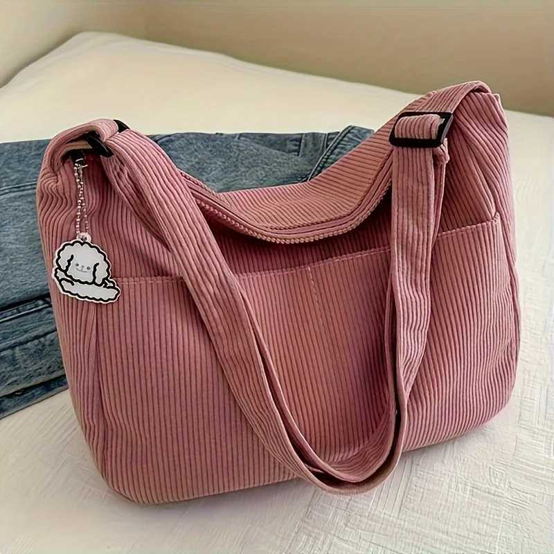 Womens Corduroy Shoulder Bag Casual Striped Large Capacity Tote with Zipper Closure Cute Hat Patch Perfect for Everyday UseT251121