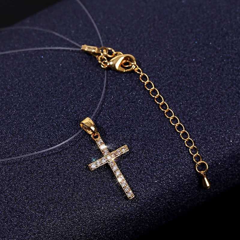 Classic Cross Pendant Necklace Simple Invisible Transparent Fishing line For Women Fashion Zircon Collier Choker NecklacesXJ251121