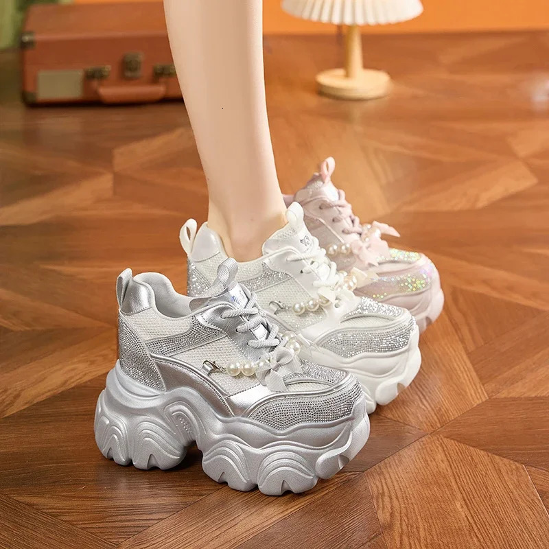 AUTUSPIN String Beads Pink Shoes Women Summer Spring Comfy Platform Sneakers Bling Rhinestones Ladies Thick Soled Footwear 251121