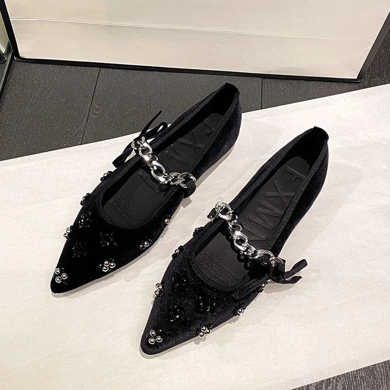 Flat Shoes Women French Mary Jane Pointed Toe Chain Diamond Bottom Spring Black Ladies 251121