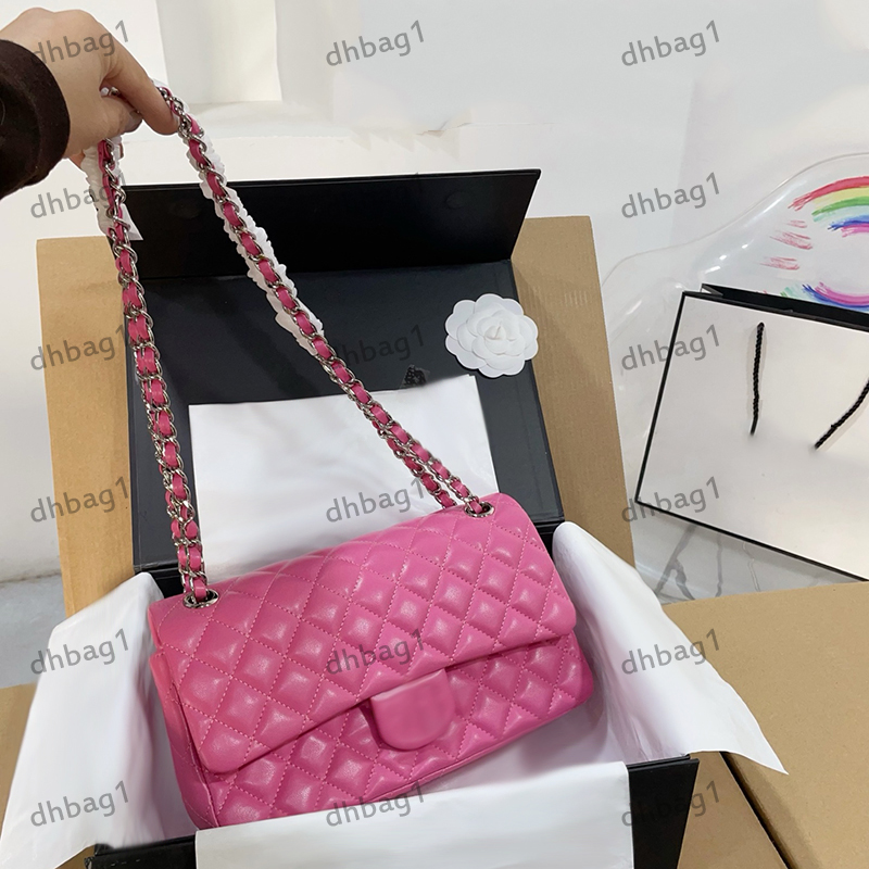 Cf Chain Bag Designer Ladies Shoulder Bags Double Flip Cover Genuine Leather With Grid Pattern Silver Hardware Metal Lock Matelasse Chain Handbag Crossbody 25cm