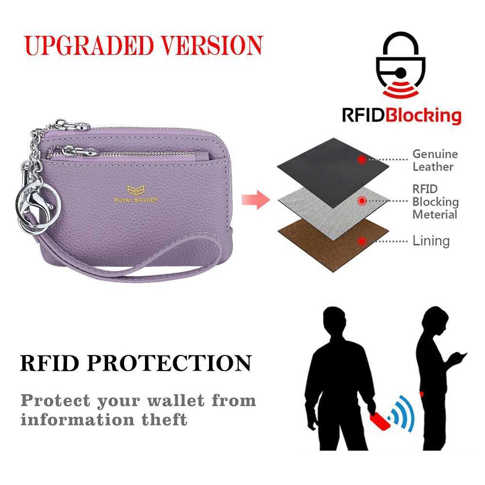 Royal Bagger RFID coin wallet with keychain leather multi zipper clutch wallet portable wrist card holder W250419