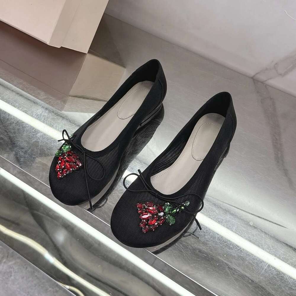 Spring And Summer 2025 New Bow Tie Decal Mesh Water Drill Flat Single-Layer Slip-Ons Shallow Crystal Retro Ballet Shoes