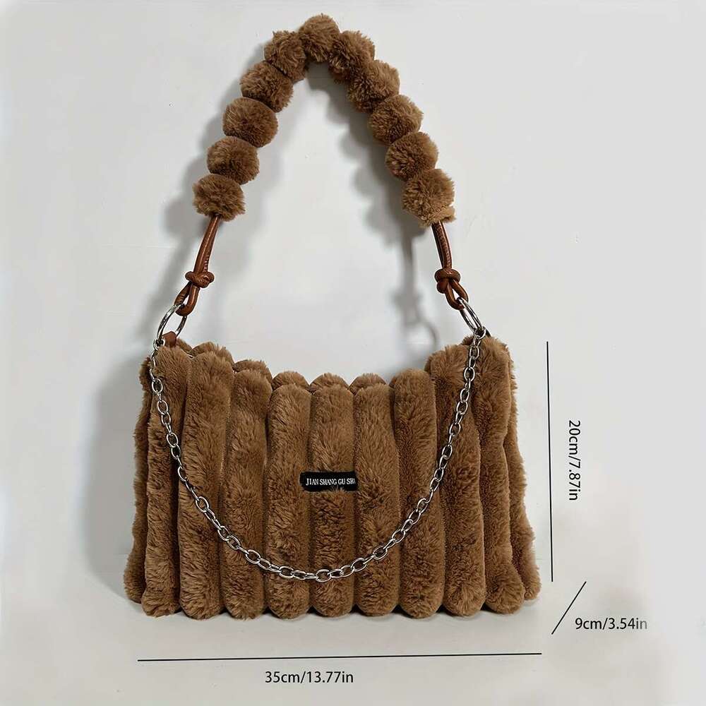 2024 Women's Lightweight Faux Fur Crossbody Detachable Adjustable Chain Strap, Large Capacity Zipper Closure, Mixed Color/Caramel Color, Multifun