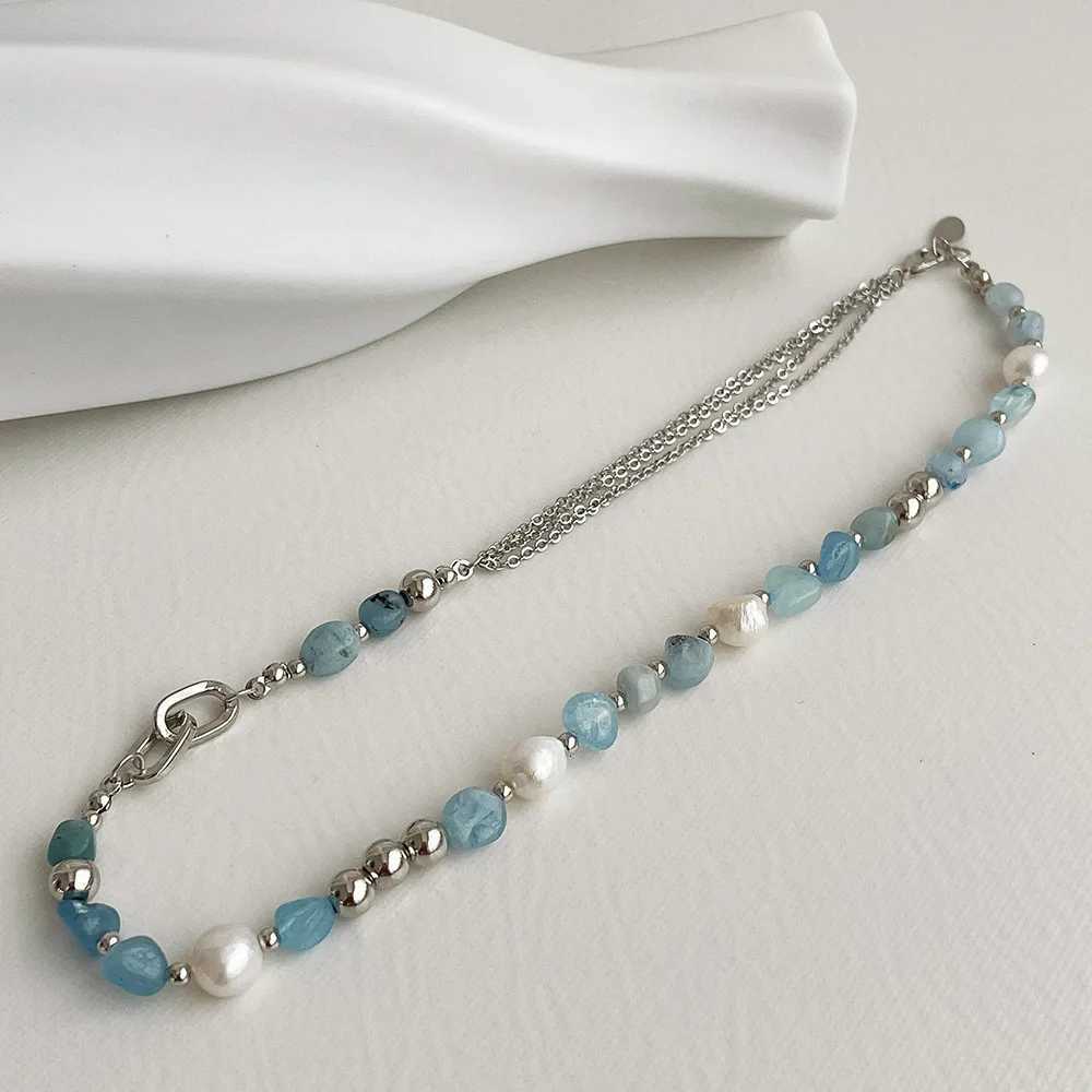 kshmir Natural stone blue crystal necklace baroque natural freshwater pearl niche design feeling fresh clavicle chain womenXJ251121