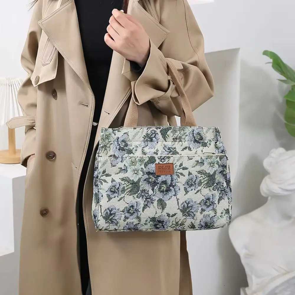 Portable Floral Print Womens Tote Bag Canvas Thickened Lunch Bag Zipper Large Capacity Jacquard HandbagT251121