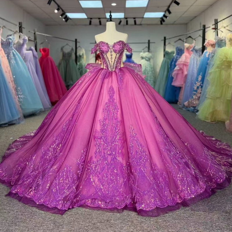 Lilac Shiny Quinceanera Dresses Off The Shoulder Applique Lace Bow Beading Crystal Tull Corset Party Birthday Sweet 16 Dres Vestidos 15 Anos