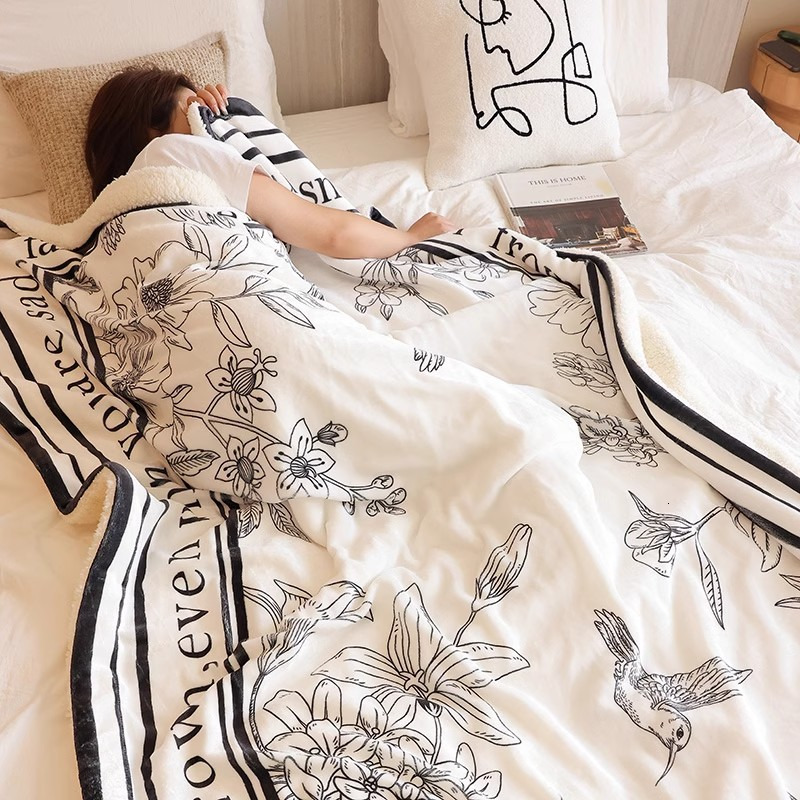 Chinese Style Sketch Light Luxury High-End Feel Throw Fleece Sofa Blanket Office Knee Nap Adult Thickened