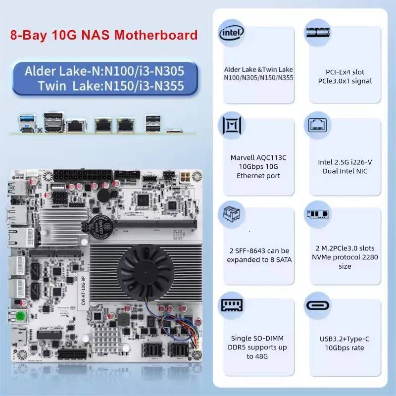 8-Bay 10G NAS Motherboard Intel N150 N100 i3-N305 110G 225G LANs 2NVMe 2SFF-8643 to 8SATA Firewall Mainboard PCIex1 Type-C