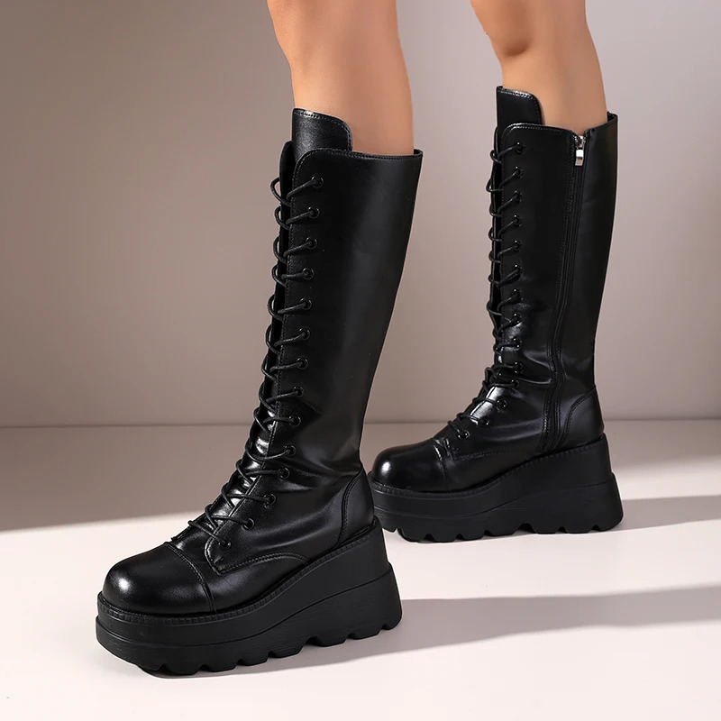 Autumn Winter Womens Black LaceUp Knee High Riding Boots Platform Heel Equestrian Leg Slimming Tall 251121