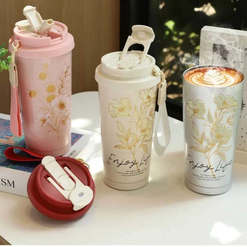 500ml Thermos Coffee Insulated Stainless Steel Vacuum Flask ColdHot Double Wall Straw Cup Thermal Iced Travel Mug L251121LGGV W260226