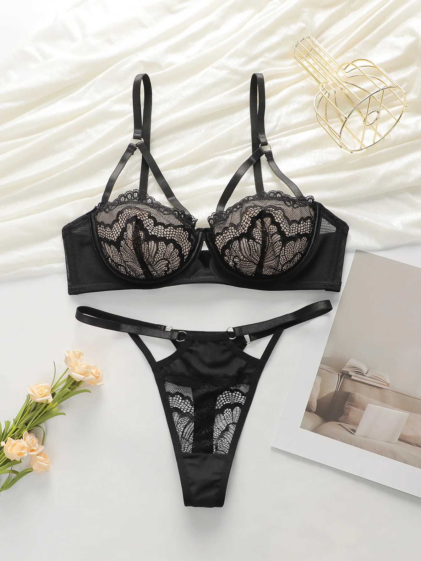 High Quality New Sexy Underwear For Womens Lace Transparent Hollow 3/4 Bra Gathering Steel Ring Push Up Underwear Set HR2634XJ251106