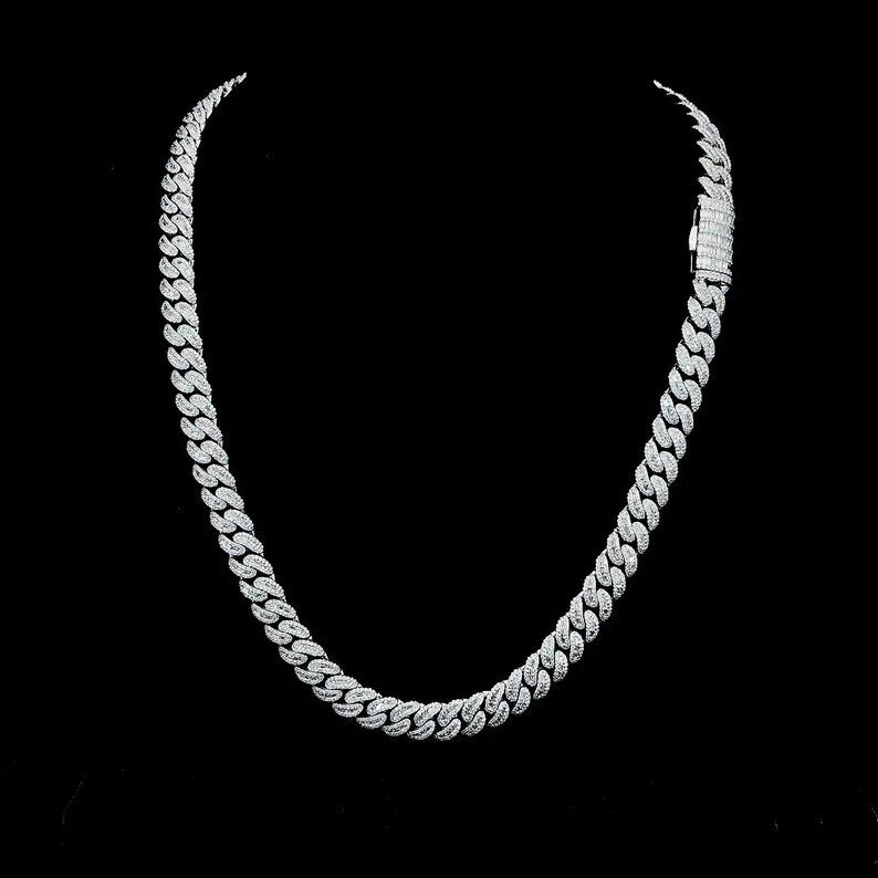 8mm Moissanite Cuban Chain Baguette Clasp Pass Test Pendant Necklace Cuban Link Chain Moissanite Clasp Cuban Chain