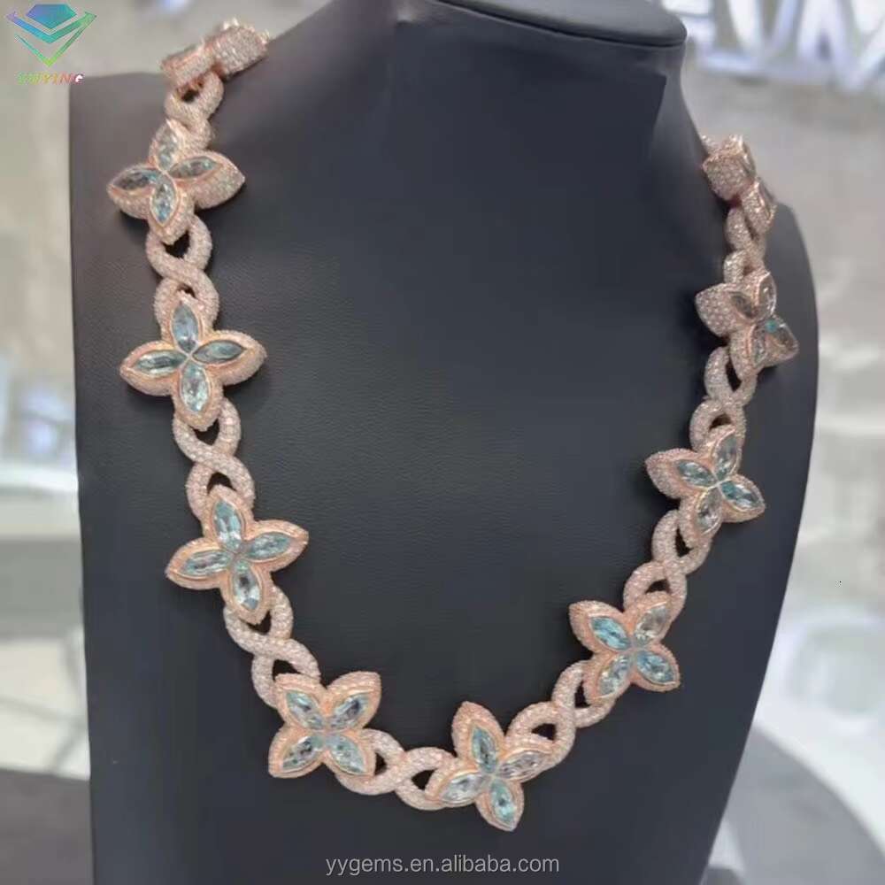 Fashion Hip Hop Jewelry Gold Plated 925 Sterling Silver Colored Moissanite Diamond Four Leaf Clover Necklace Cuban Link Chain