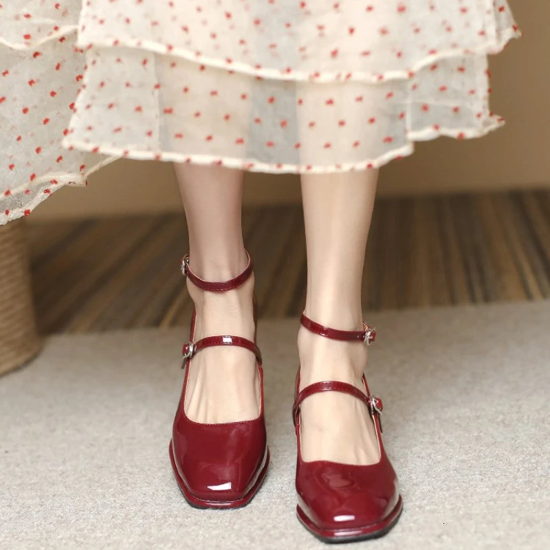 Mary Jane Shoes High Quality Leather Shallow Square Toe Womens Sandals Buckle Strap Pumps 251121
