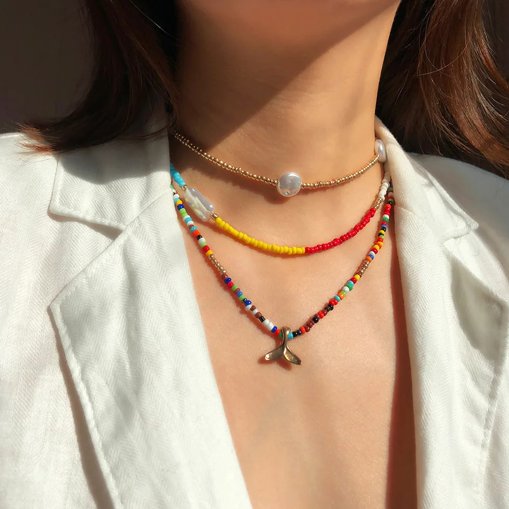 Simple pearl seed bead necklace womens short jewelry summer beach boho gift 250421