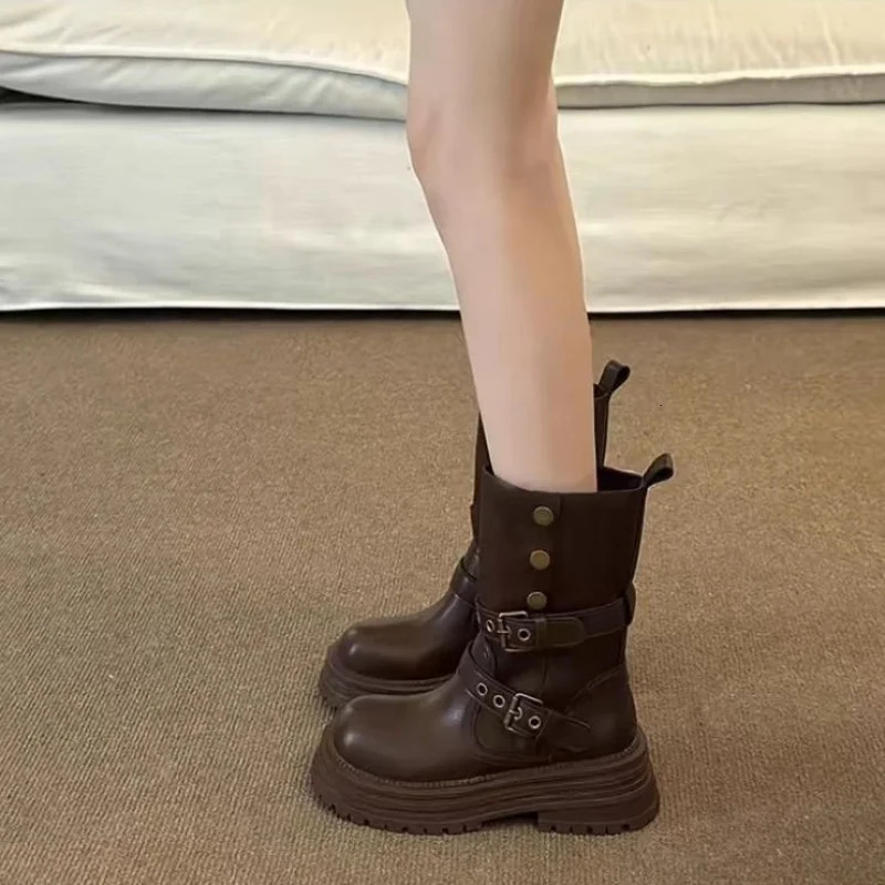 Platform Mid Calf Boots for Women Mallard Color Furry Lined Winter Shoes with Buckle Comfortable Thick Sole 251121