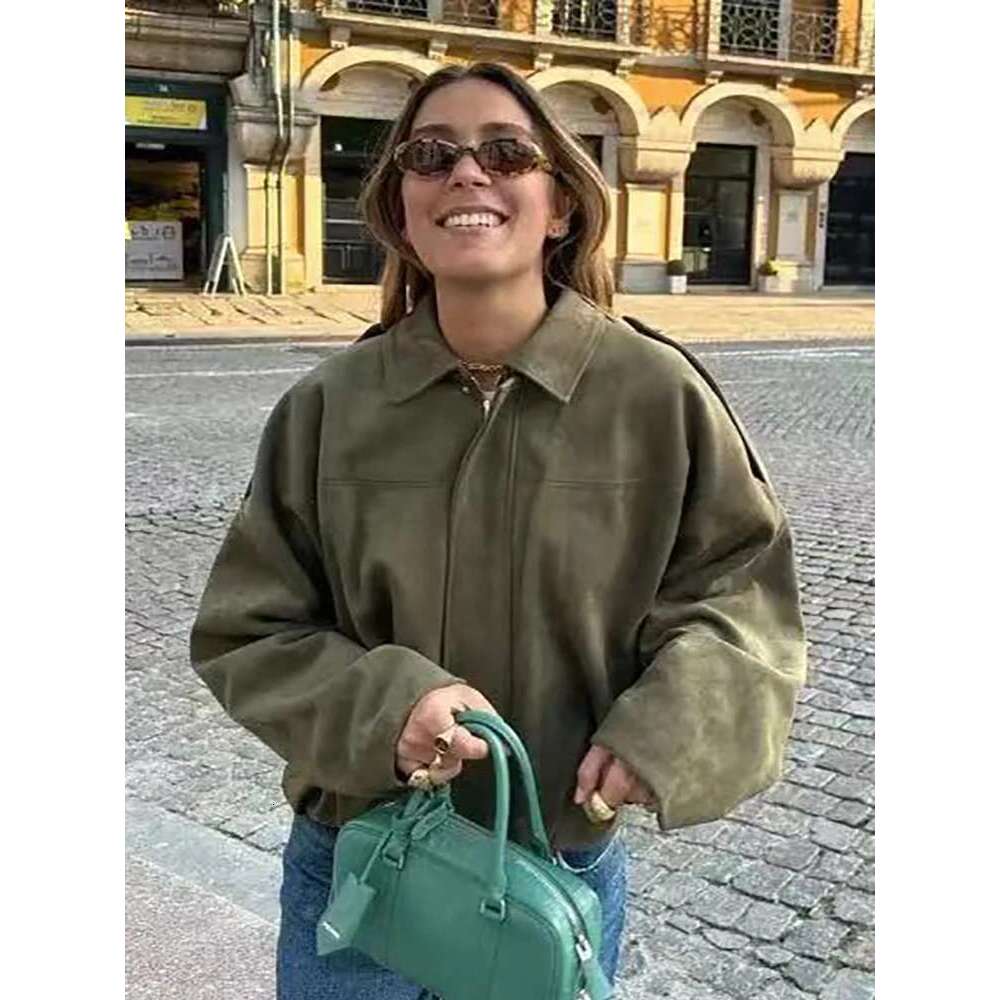 Designer Clothes Vintage Women Green Oversize Bomber Jackets 2025 Fashion Ladies Elegant Loose Soft Outfits Jacket For Party Female Chic Clothes