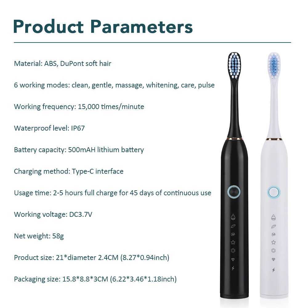 Electric Intelligent Cleaning Toothbrush For Teeth Brushes 6 Mode IPX67 Waterproof Type-C Rechargeable Oral Care Timer C251121