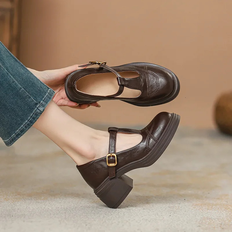 Black Mary Janes Womens Shoes Thick Heel Retro British Style Internal Heightening Single High 251121