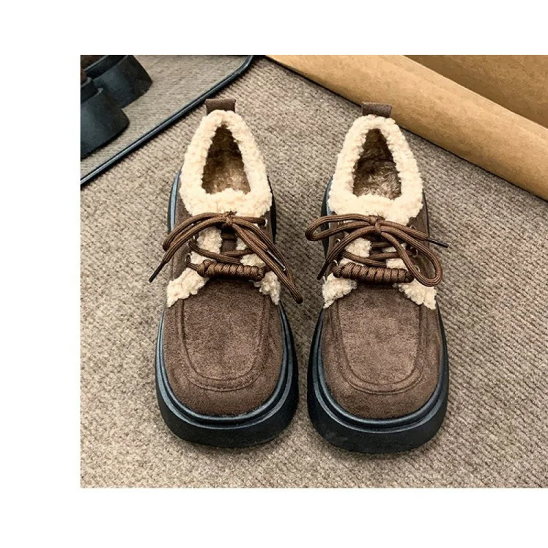 Winter Plush Lined Loafers Womens Retro Chunky Platform Fluffy Leather Shoes Comfortable Warm 251121