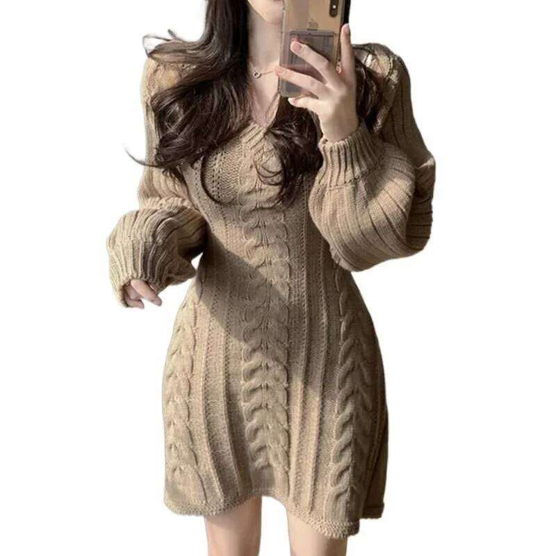 Korean Chic Autumn Gentle V-Neck Linen Pattern Design Slimming Long Sleeve A- Line Knitted High Collar Ankle-Length Dress
