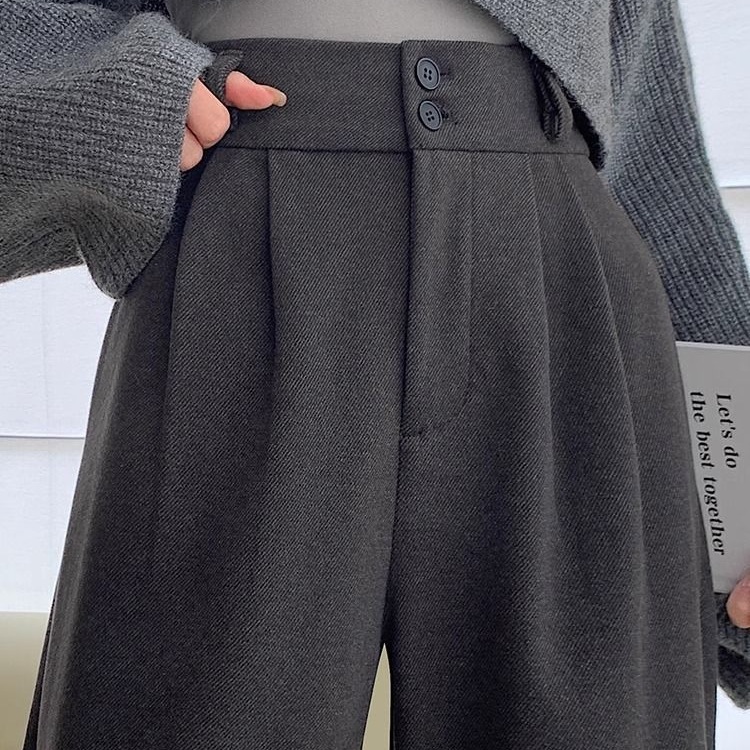 Designer luxury Gray Woolen Suit Pants for Women, Autumn Winter 2025 New High Waist Fleece Narrow Version Petite Loose Straight Wide Leg Pants