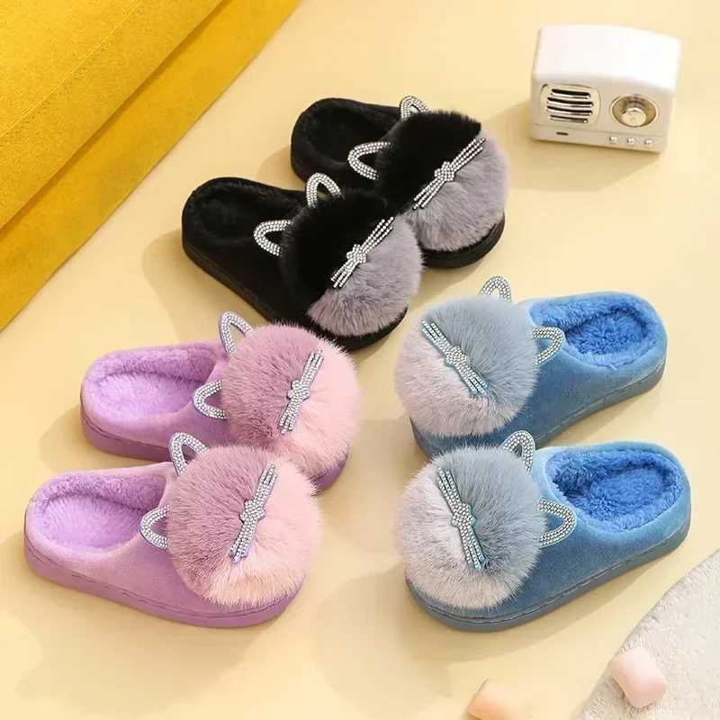 Childrens Cotton Slippers Princess Warm Kids Winter Cute Cat Cartoon Diamond Furry Shoes Little Girl Soft Bottom Home ShoesW251121